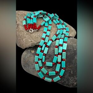 Southwestern Style Natural Coral Faux Turquoise Multi Strand Beaded Necklace